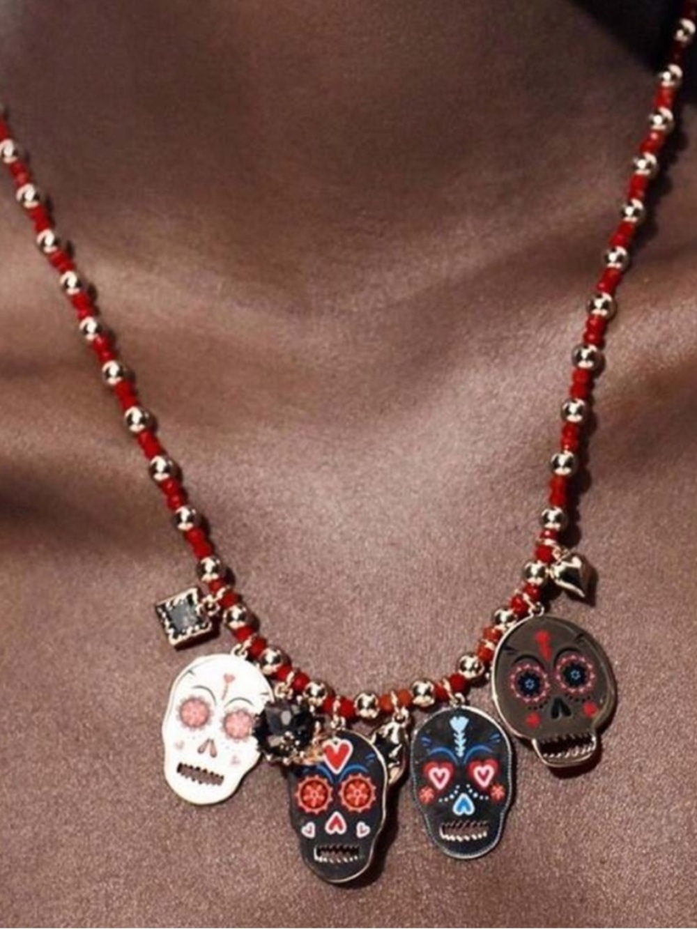 Zara Red-Beaded Multicolor Sugar Skull Necklace
